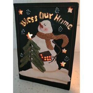 Vintage Bless Our Home Snowman Ceramic Candle Holder Crazy Mountain